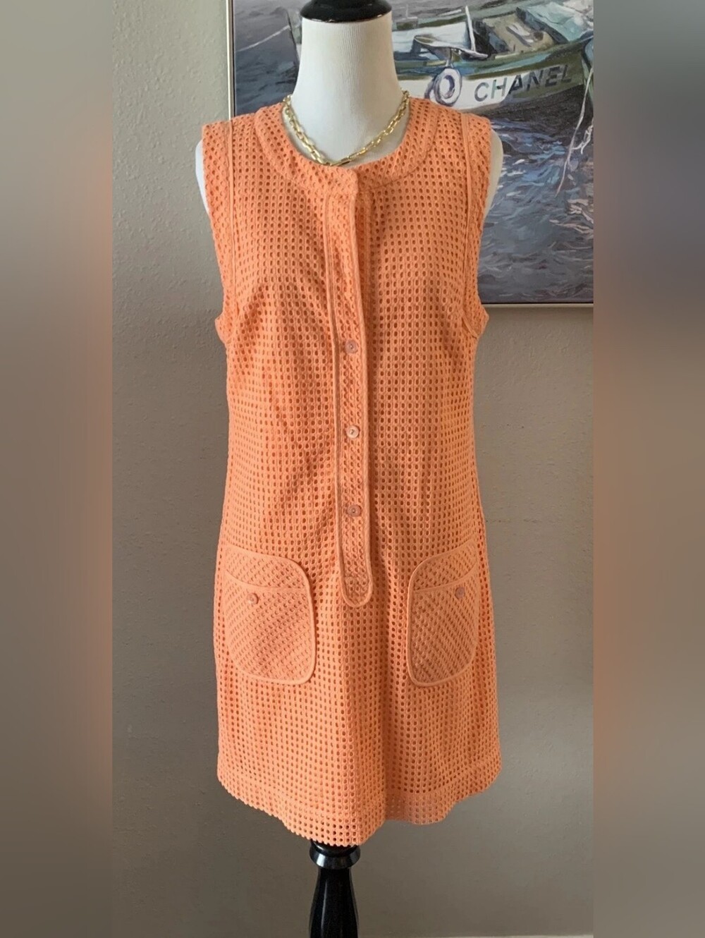 Sleeveless Peach Crochet Shift Dress